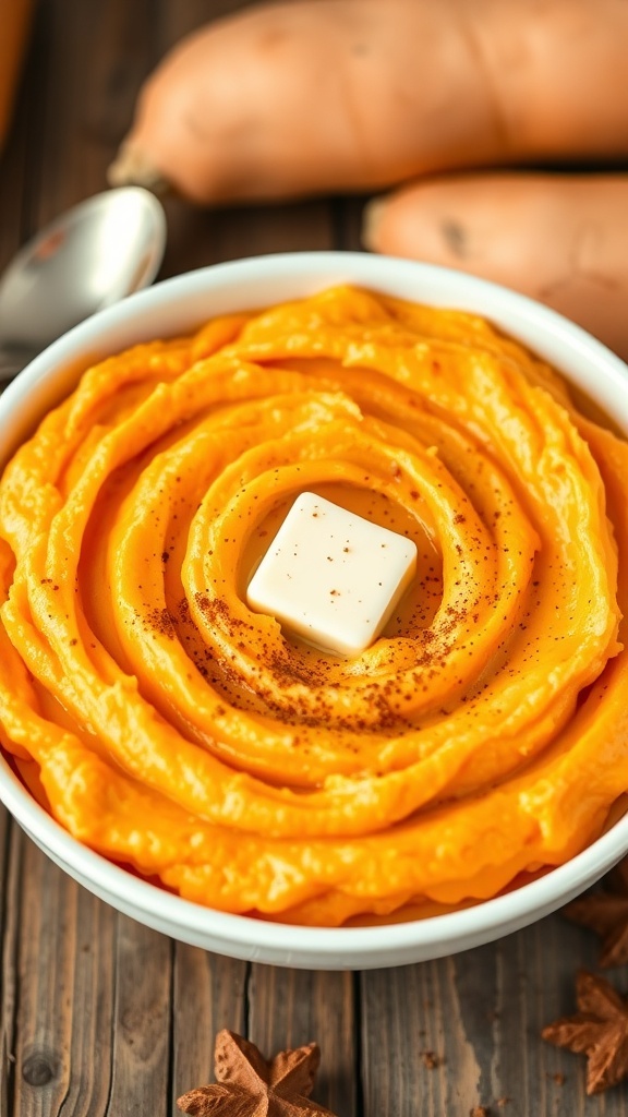 A bowl of creamy mashed sweet potatoes with butter and cinnamon, on a rustic table.